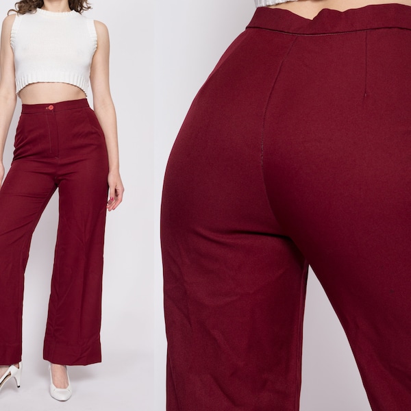 Medium 70s Wine Red High Waisted Pants 28" | Vintage Straight Leg Retro Polyester Disco Trousers