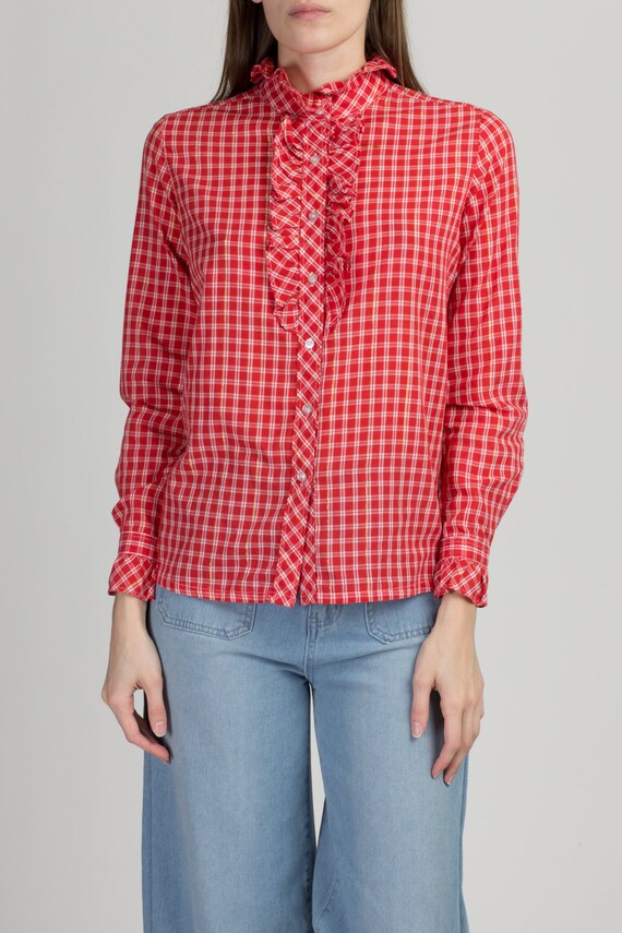 70s Red & White Plaid Ruffle Collar Shirt Small |… - image 3