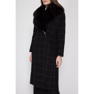 Sm-Med 70s Galanos Designer Wool Fur Collar Overcoat Vintage Grid Pattern Double Breasted Winter Blanket Jacket image 4