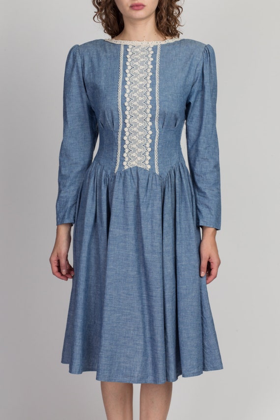 Gunne Sax Dress 70s Chambray & Lace Cottagecore Dress… - Gem