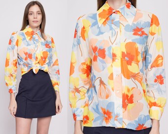 Med-Lrg 70s Floral Pointed Collar Blouse | Vintage Boho Sheer Button Up Long Sleeve Disco Shirt