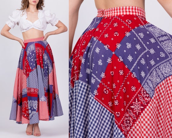 70s Patchwork Bandana Print Maxi Skirt Small, 26"… - image 1