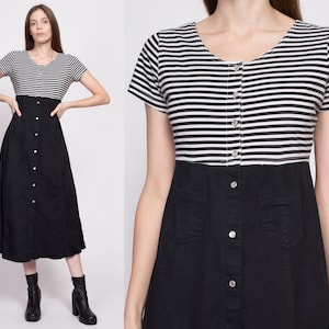 Small 90s Grunge Two Tone Striped Midi Dress Vintage Button Front A Line Black & White Pocket Dress image 1