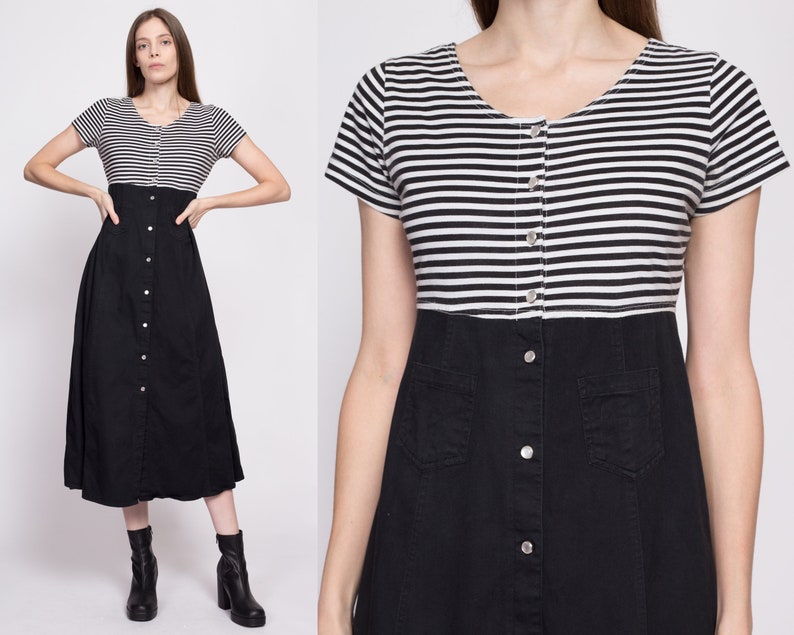 Small 90s Grunge Two Tone Striped Midi Dress Vintage Button Front A Line Black & White Pocket Dress image 1