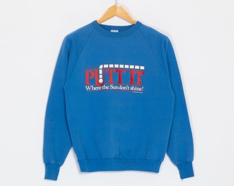 Medium 80s "Putt It Where The Sun Don't Shine" Golf Sweatshirt | Vintage Blue Funny Graphic Golfing Crewneck Raglan Sleeve Pullover