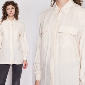 Medium 90s Ivory Silk Blouse | Vintage Minimalist Long Sleeve Button Up Collared Shirt