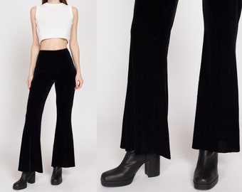 XS-Sm 90s Black Velvet Flared Pants | Vintage High Waisted Stretchy Bell Bottom Flares