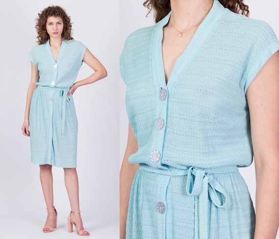 40s Robin's Egg Blue Knit Button Up Day Dress Med… - image 1