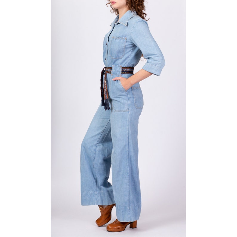 70s Denim Button Up Belted Jumpsuit Medium Vintage Blue Jean Wide Leg Bell Bottom Retro Outfit image 3