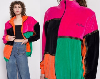 80s Velour Color Block Track Jacket Extra Large | Vintage Oleg Cassini Colorful Zip Up Windbreaker Sweatshirt