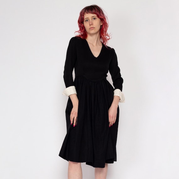 1940s Black & White Gothic Fit Flare Midi Dress - Petite XS | Vintage 40s Cuffed 3/4 Sleeve V Neck Wednesday Addams Dress - Etsy Ireland 1940s Black & White Gothic Fit Flare Midi Dress - Petite XS | Vintage 40s Cuffed 3/4 Sleeve V Neck Wednesday Addams Dress - Etsy Ireland