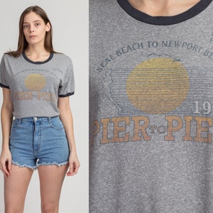 Vintage 90s Does 70s Hollister Tourist Tee Medium Heather Gray Pier to Pier Race Sunset Graphic Ringer T Shirt image 1