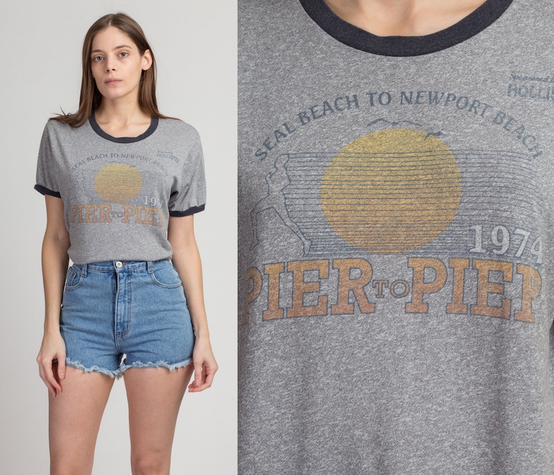 Vintage 90s Does 70s Hollister Tourist Tee Medium Heather Gray Pier to Pier Race Sunset Graphic Ringer T Shirt image 1