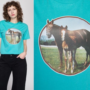 Medium 90s Horse Iron-On Graphic T Shirt Vintage Turquoise Blue Mare & Foal Animal Tee image 1