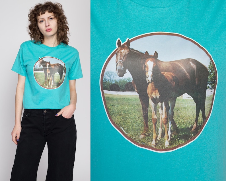 Medium 90s Horse Iron-On Graphic T Shirt Vintage Turquoise Blue Mare & Foal Animal Tee image 1