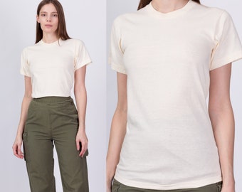 XS 90s Cotton Crew Neck Tee | Vintage Unisex Plain Off-White Short Sleeve T Shirt
