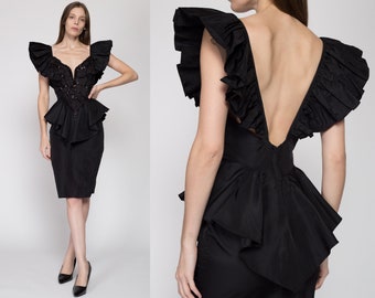 XS 80s Climax Karen Okada Ruffled Peplum Party Dress | Vintage Black Low Back Beaded Sequin Formal Mini Dress