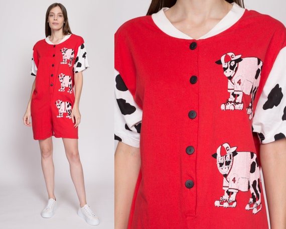 Med-Lrg 80s Retro Cow Romper | Vintage Red White … - image 1