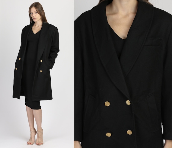Vintage Black Wool Double Breasted Overcoat - Smal
