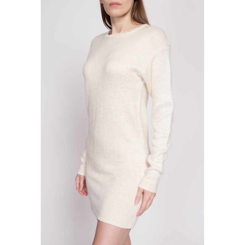 80s Evan Picone Diamond Knit Mini Sweater Dress Small Vintage Cream Angora Slouchy Long Sleeve Pullover image 4