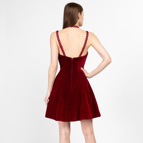 Small 80s Oxblood Red Velvet Chain Strap Party Dress