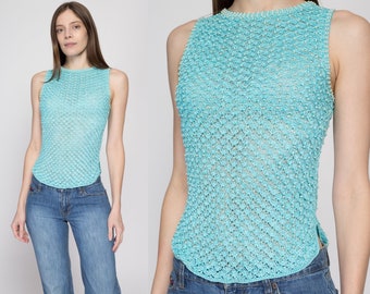 XS Y2K Aqua Sheer Beaded Knit Tank Top | Vintage Stretchy Crochet Mesh Open Weave Shirt