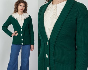50s 60s Emerald Green Wool Knit Cardigan Medium | Vintage Button Up V Neck Fitted Grandpa Sweater