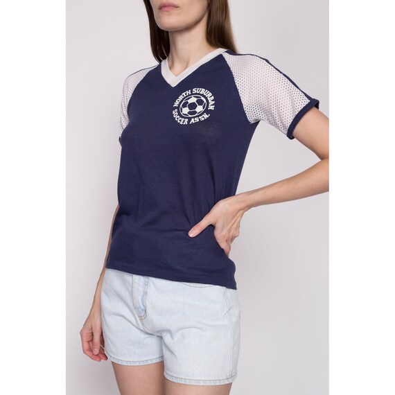 XS 70s Navy Blue Mesh Soccer Jersey Tee | Vintage… - image 4