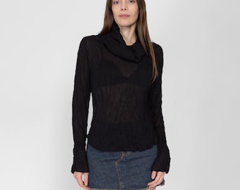 90-tals Y2K-skjorta med svart, krinklad och texturerad design – Stor | Långärmad vintage-tröja med polotröja och rund hals