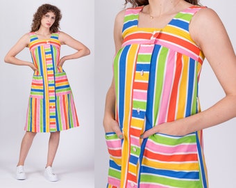 Vintage 70s Rainbow Striped Midi Dress Petite XS | Boho Sleeveless Knee Length Loungewear House Dress