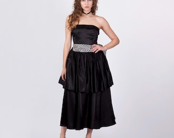 Vintage Gunne Sax Strapless Striped Satin Party Dress - Medium | 80s Black White Fit Flare Midi Prom Formal Gown
