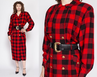 Medium 80s Red & Black Buffalo Plaid Secretary Midi Dress | Vintage Belted Double Breasted Long Sleeve Collared Dress