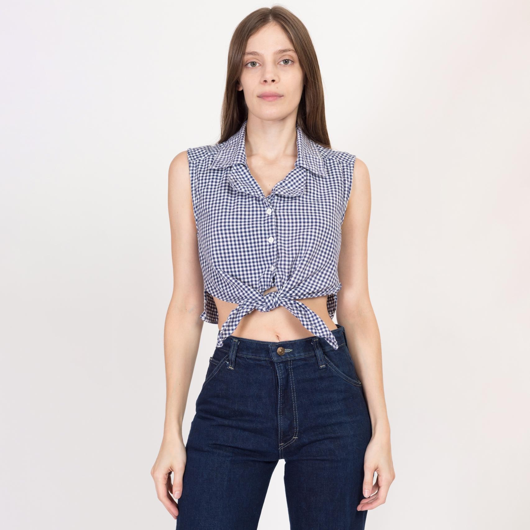 Small 90s Navy Blue & White Gingham Tie Front Crop Top