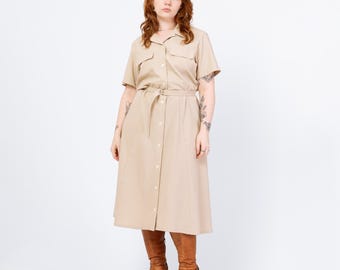 Vintage 90s Taupe Gingham Seersucker Belted Midi Shirtdress - Extra Large | Lightweight Button Up Collared Short Sleeve Dress