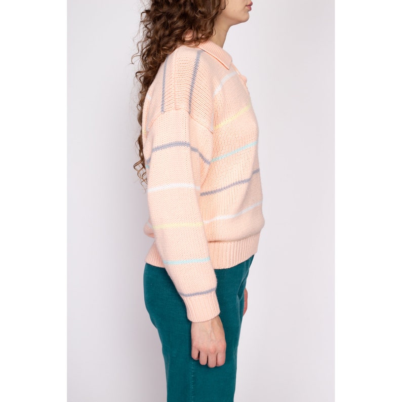 80s Striped Pastel Orange Henley Sweater Medium Vintage Collared Knit Pullover Jumper image 3