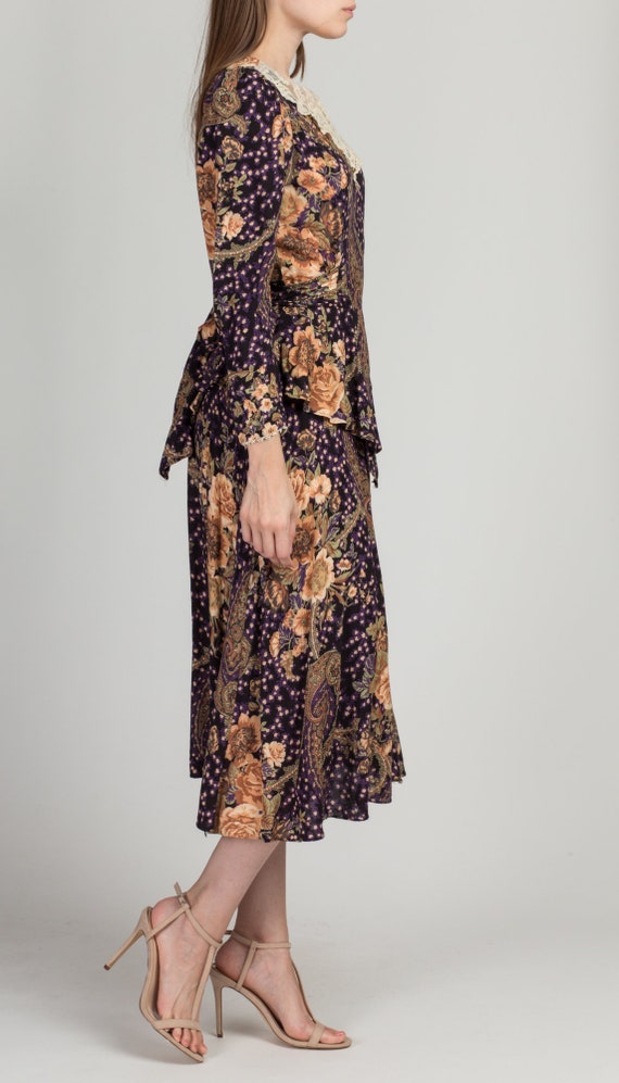 80s Lace Collar Floral Midi Dress Small | Vintage… - image 5