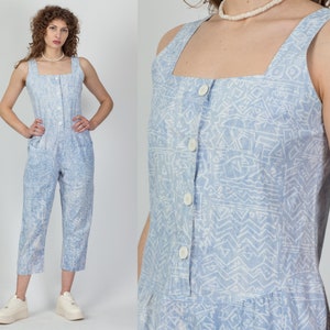 Medium 80s Abstract Geometric Print Jumpsuit | Vintage I. Magnin Blue Button Up Retro Pocket Pantsuit
