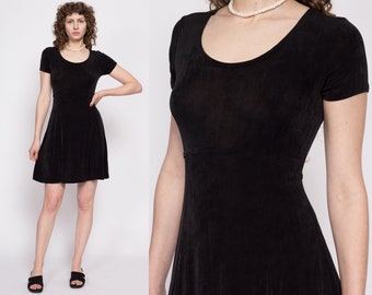Sm-Med 90s Minimalist Black Slinky Mini Dress | Vintage Short Sleeve Stretchy Scoop Neck Grunge Dress