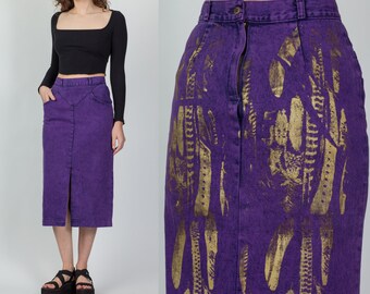 80s Purple Denim High Waisted Midi Skirt Small, 27" | Vintage Gold Painted A Line Slit Jean Mom Skirt