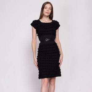 Small 1940s Black Fringe Tassel Mini Dress | Vintage 40s Cocktail Party Little Black Dress