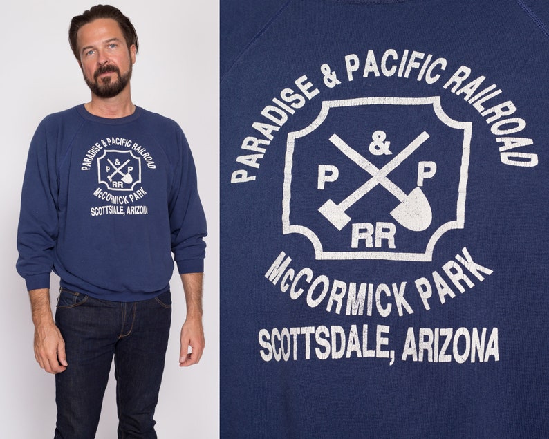 Large 80s Paradise And Pacific Railroad Sweatshirt Men's Short Vintage Scottsdale Arizona Navy Blue Raglan Sleeve Crewneck image 1