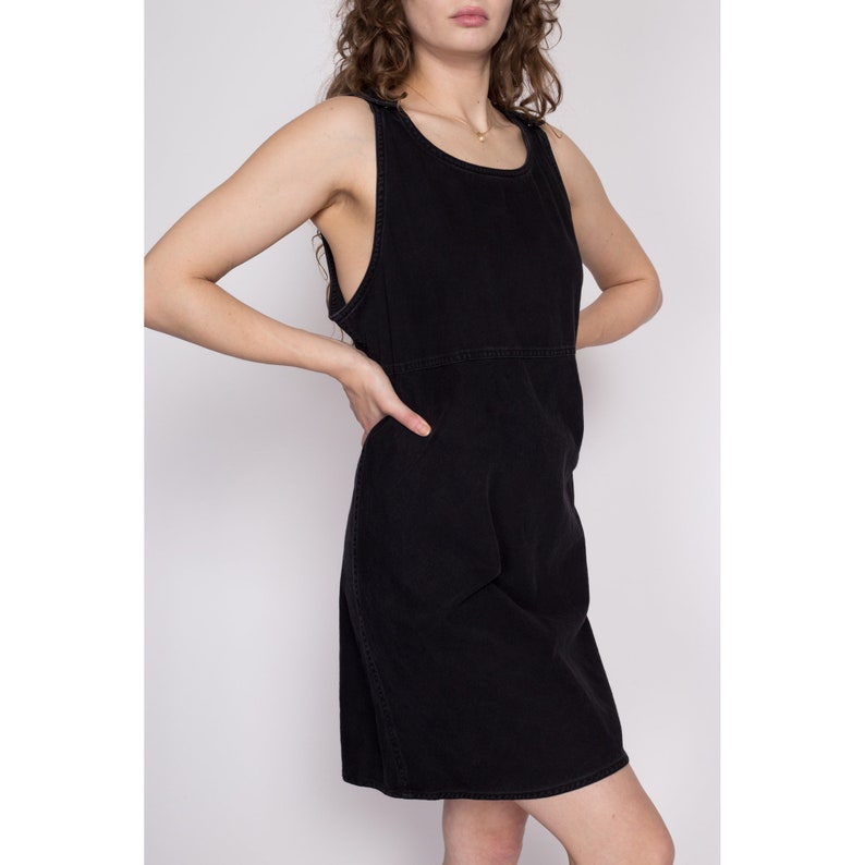 Large 90s Black Mini Pinafore Dress Vintage Liz Claiborne Grunge Sleeveless Lightweight Denim Dress image 3