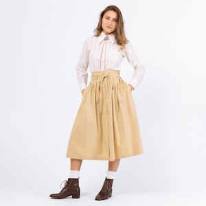 Vintage 70s Boho Tan Yoked Western Midi Skirt - Extra Small, 24&quot; Waist | 1970s A-Line Button Front High Waist Skirt with Side Pockets