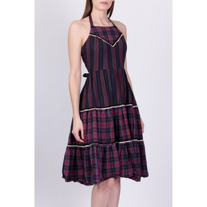 70s Plaid Tiered Halter Midi Dress Petite Small Vintage Rockabilly Sundress Metallic Stripe Backless Retro Fit & Flare image 3