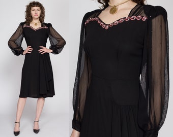 Medium 1940s Black Sheer Sleeve Sequin Midi Dress | Vintage 40s Pink Trim Peplum Midi Party Dress