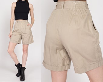 XS-Sm 80s Khaki High Waisted Pleated Shorts 24"-27" | Vintage Cotton Casual Mom Shorts