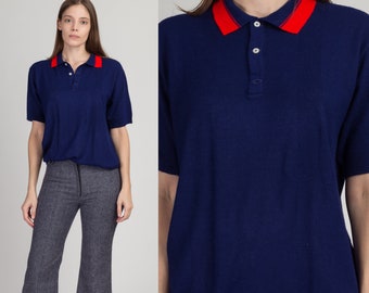 Medium 70s Navy Blue Collared Knit Polo Top Men's | Vintage Short Sleeve Cropped Sweater Shirt