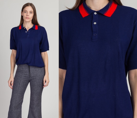 Medium 70s Navy Blue Collared Knit Polo Top Men's… - image 1