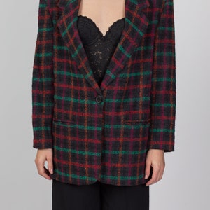 80s Plaid Tweed Longline Blazer Large Vintage Oversize Button Up Notched Collar Jacket image 2