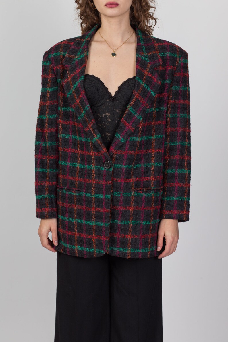 80s Plaid Tweed Longline Blazer Large Vintage Oversize Button Up Notched Collar Jacket image 2